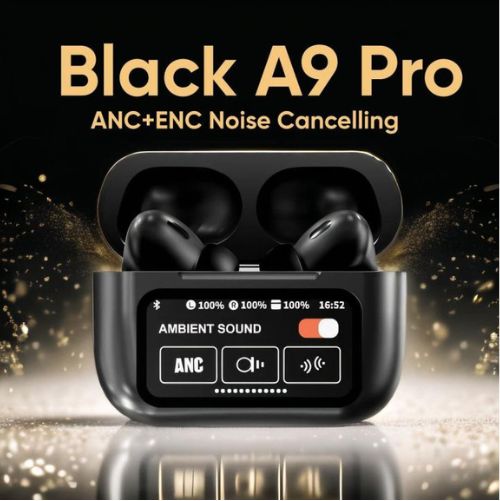A9 Pro Black TWS Earbuds with Smart Screen Display, ANC & ENC Noise Cancelling, Premium Wireless Bluetooth In-Ear Headphones