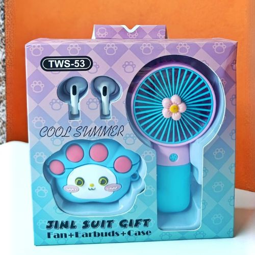TWS-53 3-in-1 Combo: Wireless Earbuds with Rechargeable Mini Handheld Fan and Protective Case